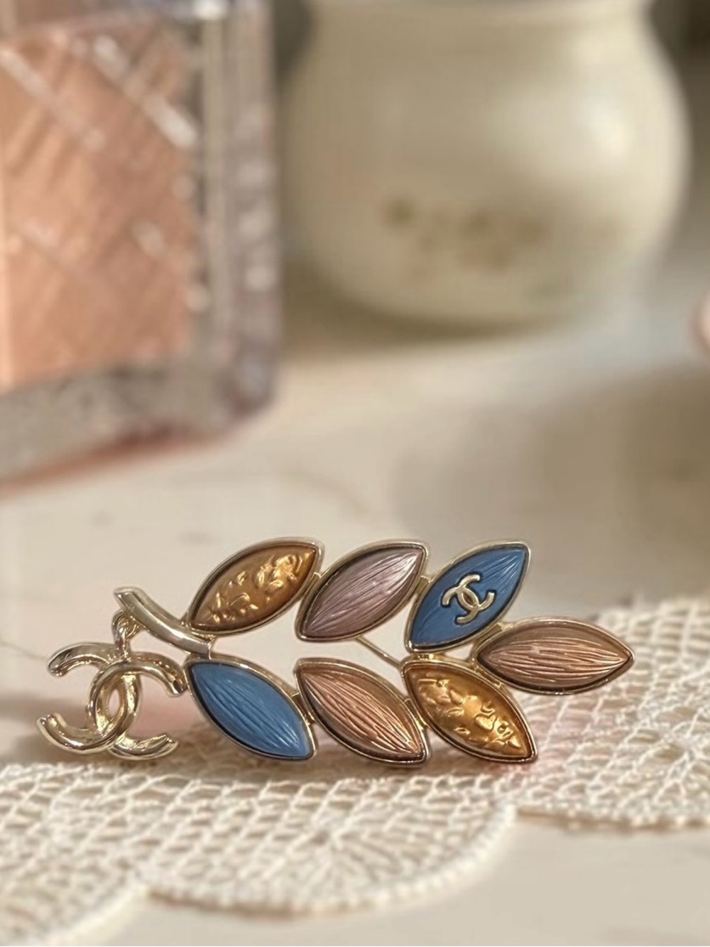 Blue Gold Enamel Leaf Brooch Pin Botanical Floral Lapel Scarf Jacket NEW